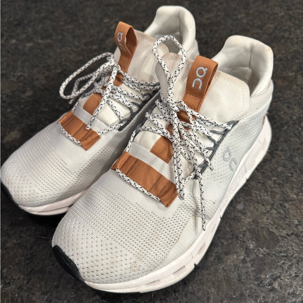 On Running CloudNova White Pearl and Brown Athletic Shoes